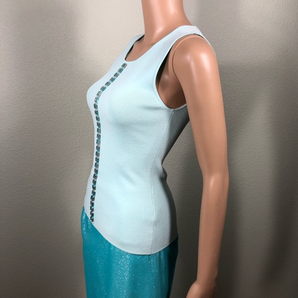 Light blue sleeveless knit top with aqua blue and clear crystals - Picture 8 of 11